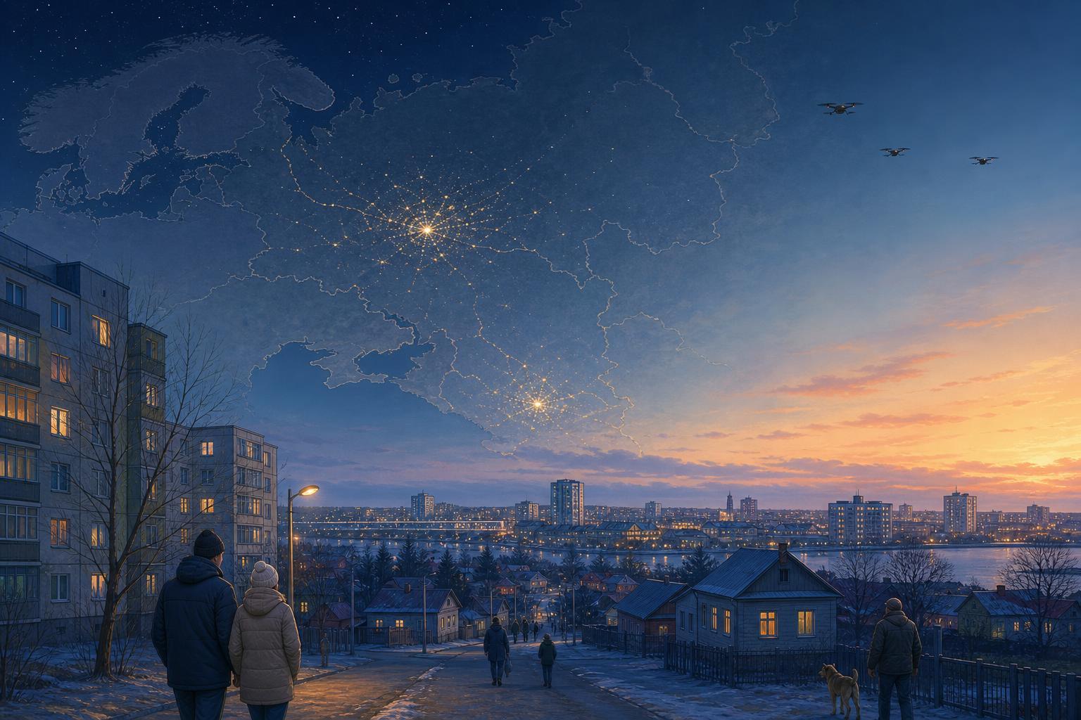 A calm editorial illustration of a night sky over a stylised map of western Russia, representing reported drone attacks.