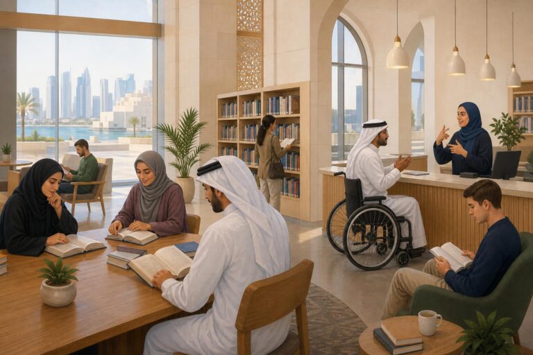 Illustration of an accessible community library in Doha with adults using inclusive services.