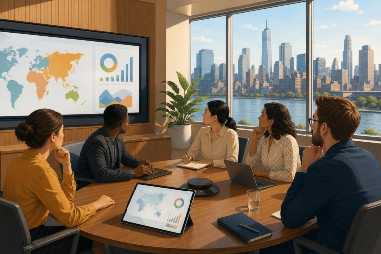 Delegates look at abstract maps and data screens during an international meeting in New York.