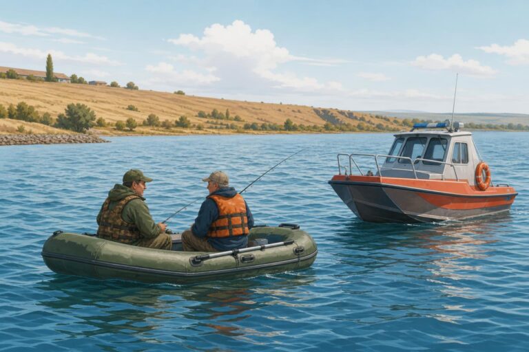 An illustrated rescue boat assists two fishermen in an inflatable boat on a windy reservoir in Stavropol Krai.