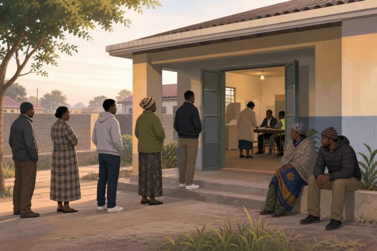 Illustration of voters waiting outside a polling station in Lusaka on election morning.