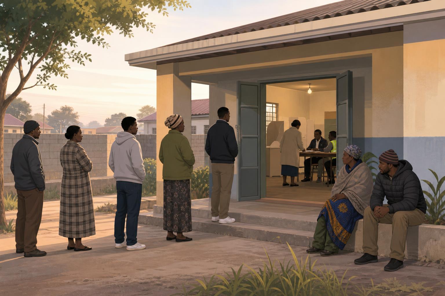 Illustration of voters waiting outside a polling station in Lusaka on election morning.