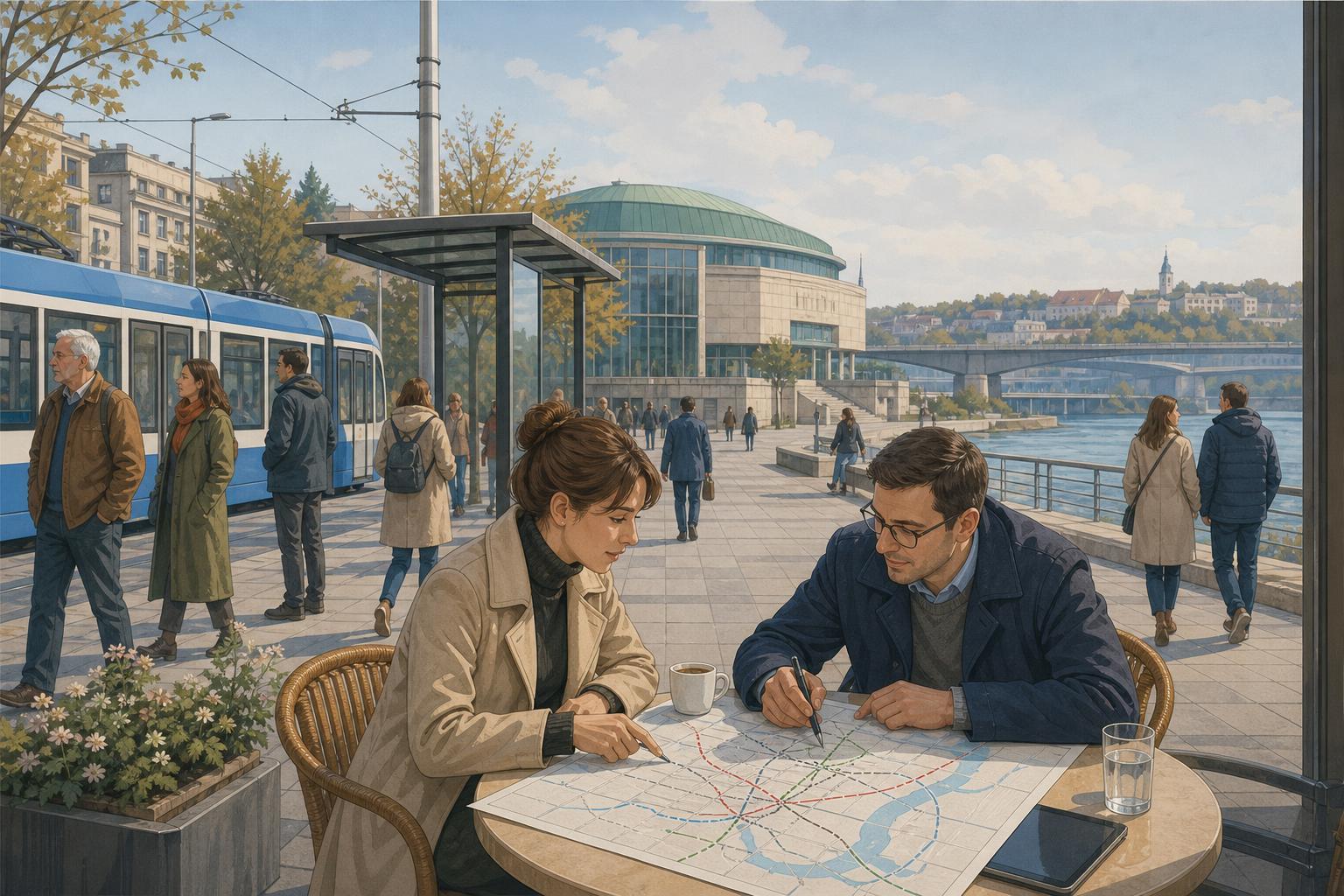 Illustrated everyday Belgrade scene with residents and planners discussing transport connections near a tram stop.
