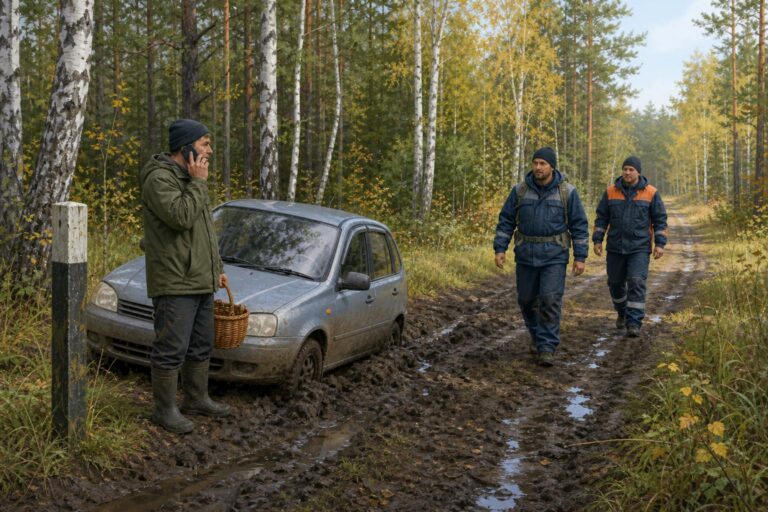 A mushroom picker stands near his stuck car and a numbered forest marker as rescuers approach.