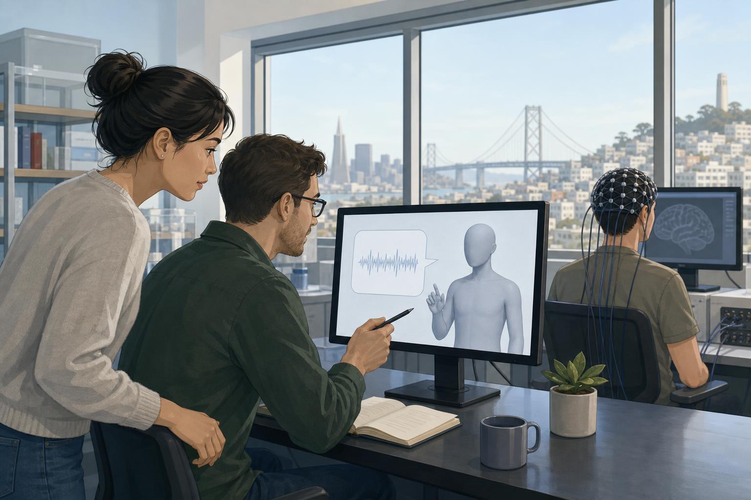 An editorial illustration of researchers viewing a virtual avatar controlled by brain-signal technology.