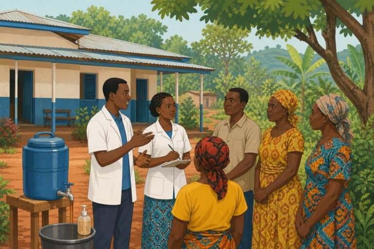 Illustration of health workers talking with residents outside a clinic in eastern Democratic Republic of the Congo.