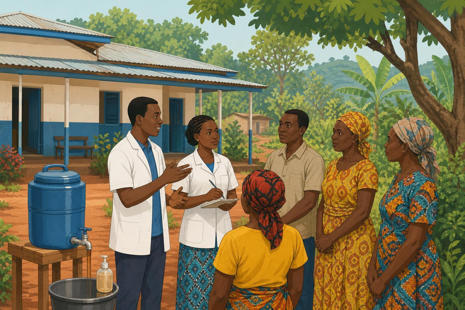 Illustration of health workers talking with residents outside a clinic in eastern Democratic Republic of the Congo.