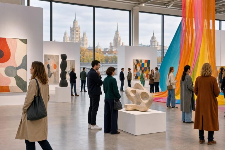 Visitors look at contemporary artworks and an installation at an indoor art fair in Moscow.