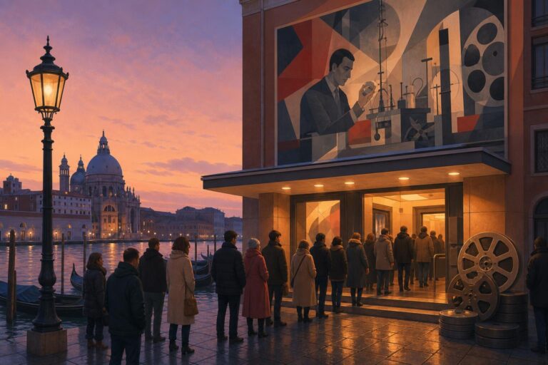 An illustrated Venice cinema entrance with filmgoers and an abstract poster of a physics laboratory.