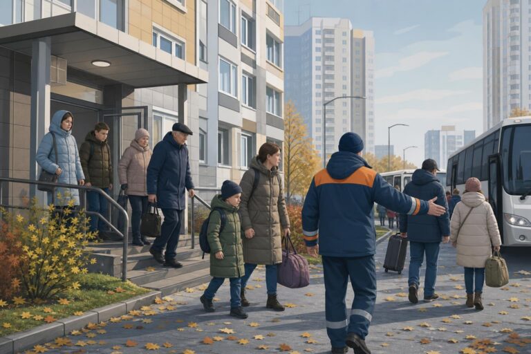 Editorial illustration of residents leaving an apartment building in Moscow Oblast with emergency workers.