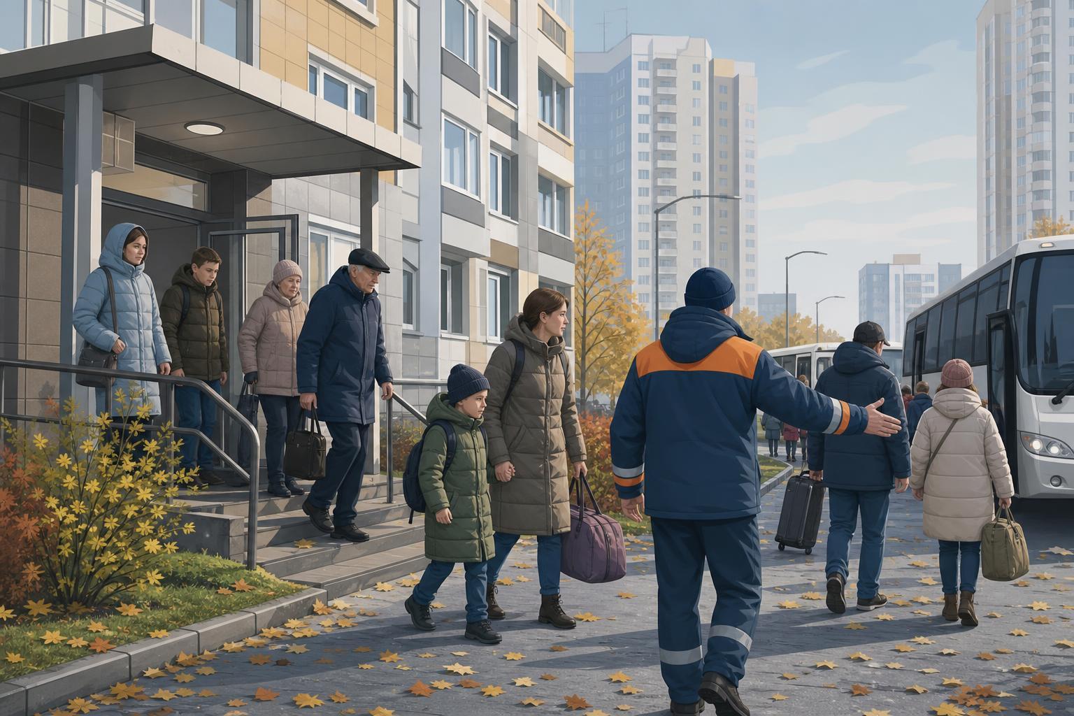 Editorial illustration of residents leaving an apartment building in Moscow Oblast with emergency workers.