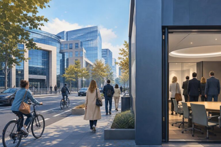 Editorial illustration of people near modern European Union offices in Brussels during negotiations