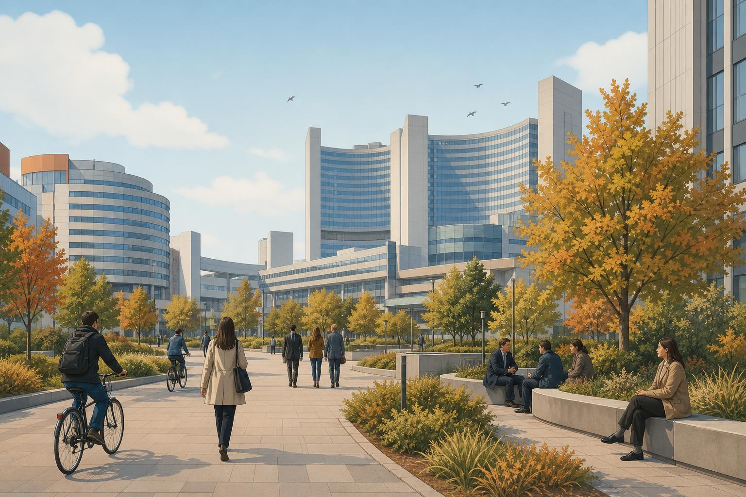 Editorial illustration of the Vienna International Centre district on an early autumn day