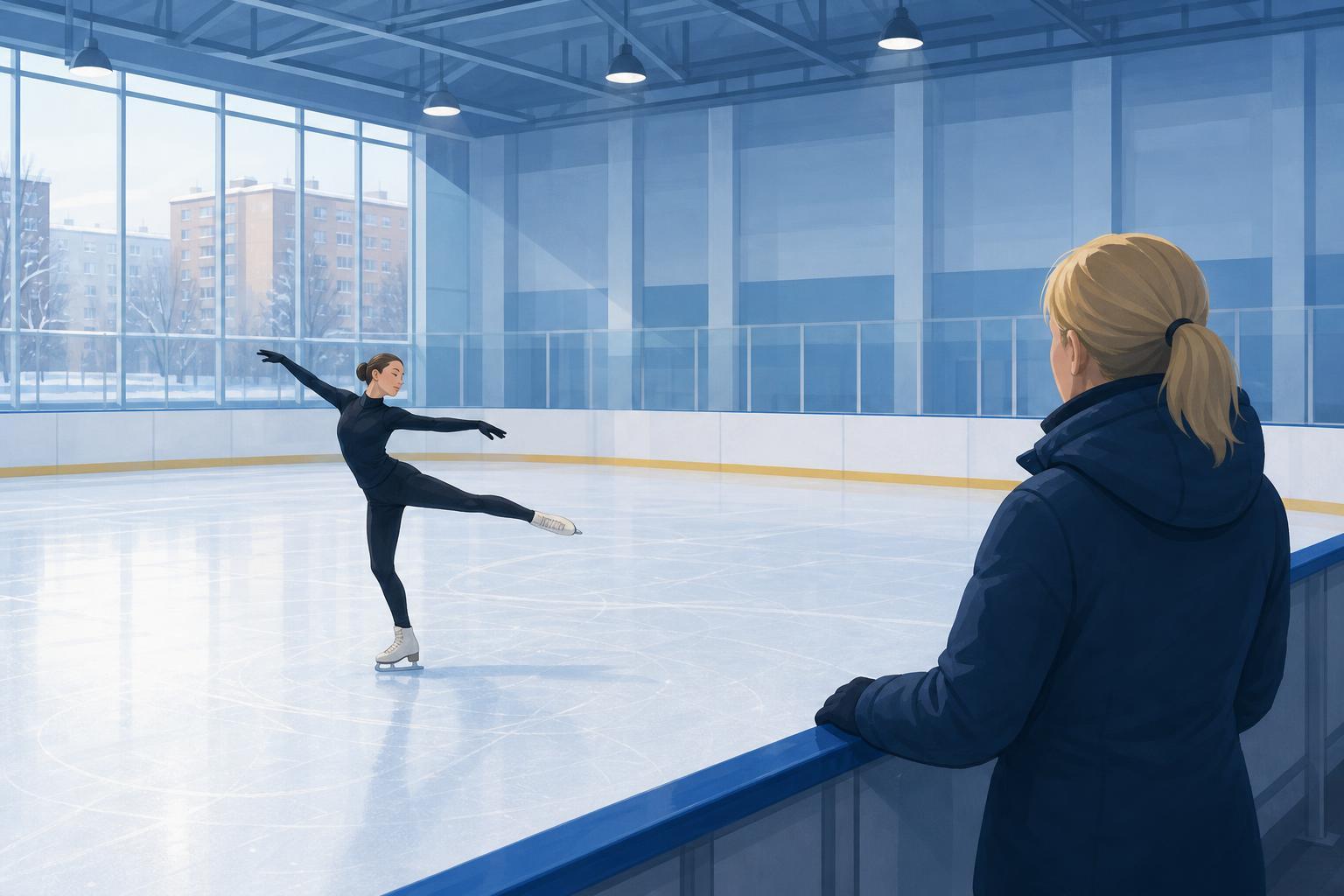 An illustrated figure skater practises alone at a quiet indoor ice rink.