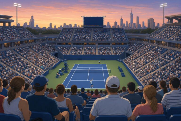 An editorial illustration of a tennis match in a large New York stadium at dusk.