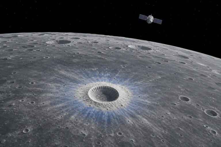 Editorial illustration of a fresh crater and a cold area on the Moon, viewed from orbit