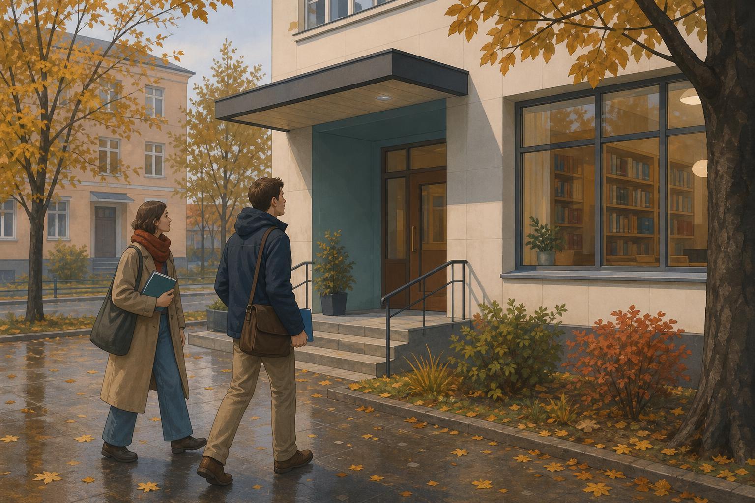 A stylized illustration of adult learners outside a generic language and culture center in a Russian city