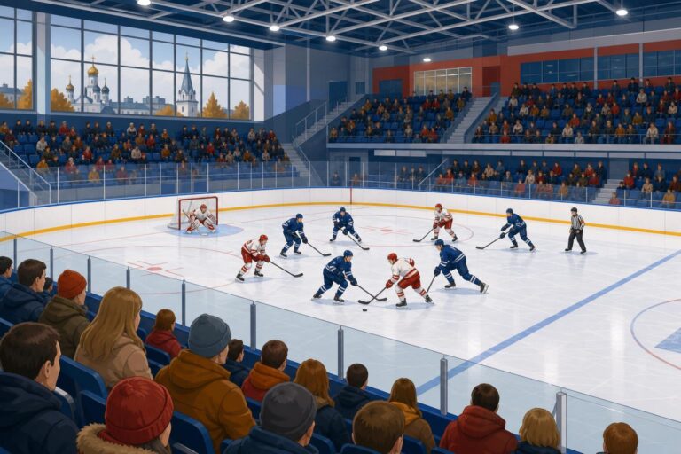 Editorial illustration of an ice-hockey game in a modern arena in Yaroslavl.