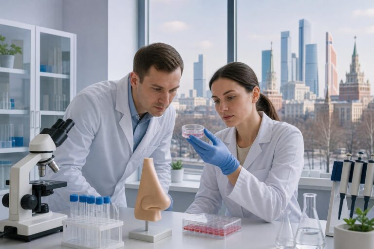 Illustration of researchers studying cells and a model of a nose in a Moscow laboratory