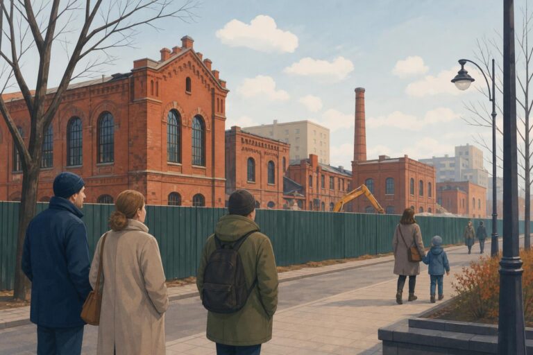 Stylized red-brick industrial buildings behind a construction fence in Moscow