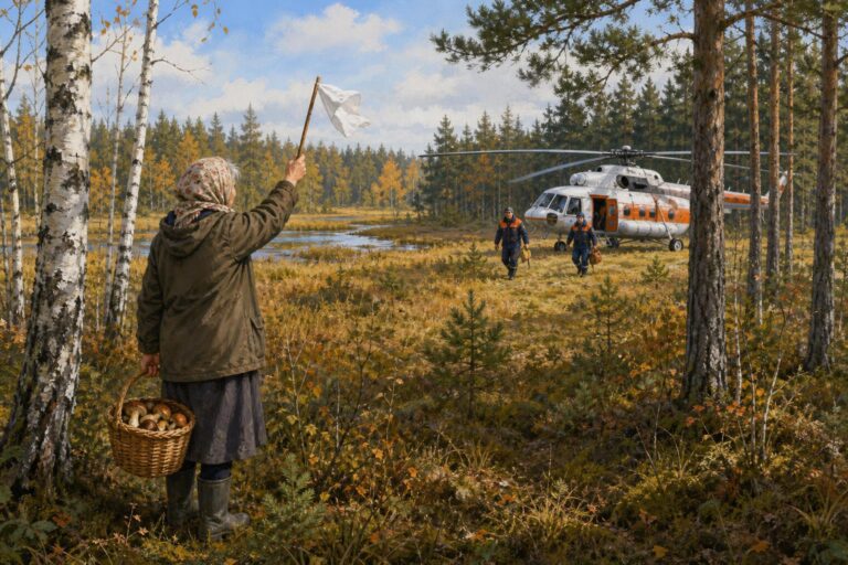 An elderly woman with a basket of mushrooms is helped by rescuers near a helicopter after being brought out of a bog.