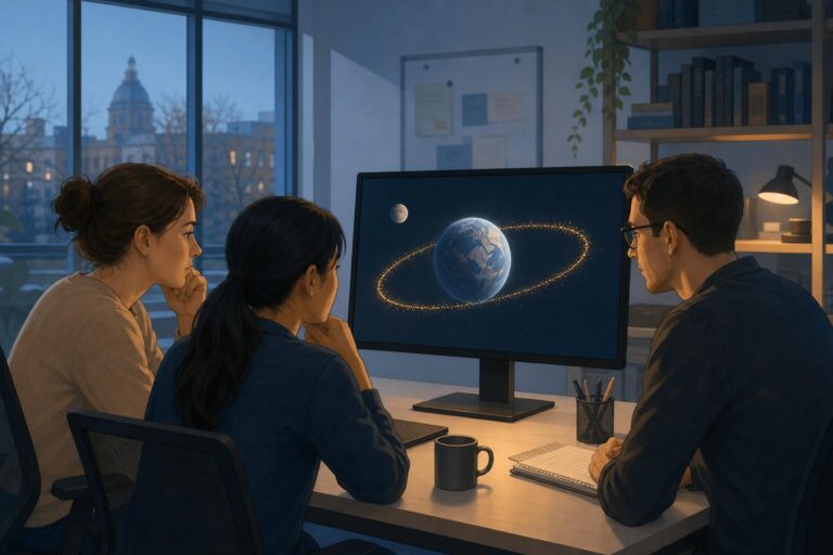 Illustration of university researchers viewing a simple computer model of the early Earth, the Moon, and a ring of debris.