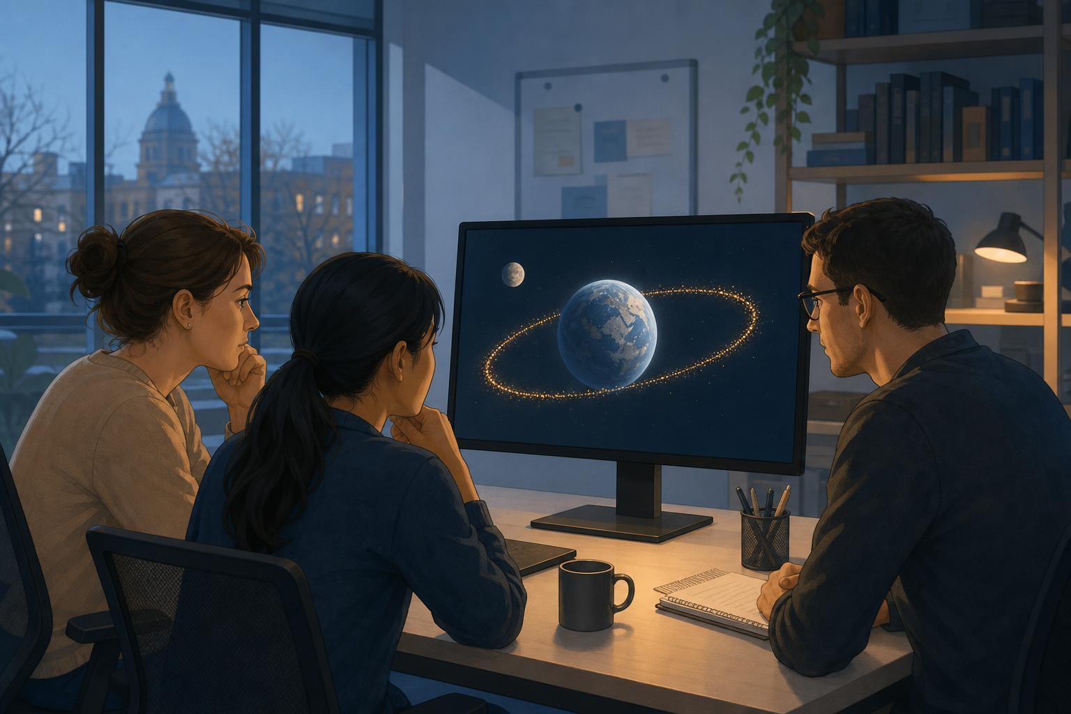 Illustration of university researchers viewing a simple computer model of the early Earth, the Moon, and a ring of debris.