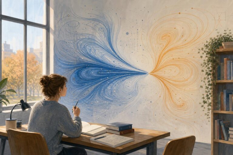 An abstract illustration of swirling fluid currents narrowing toward a central point.