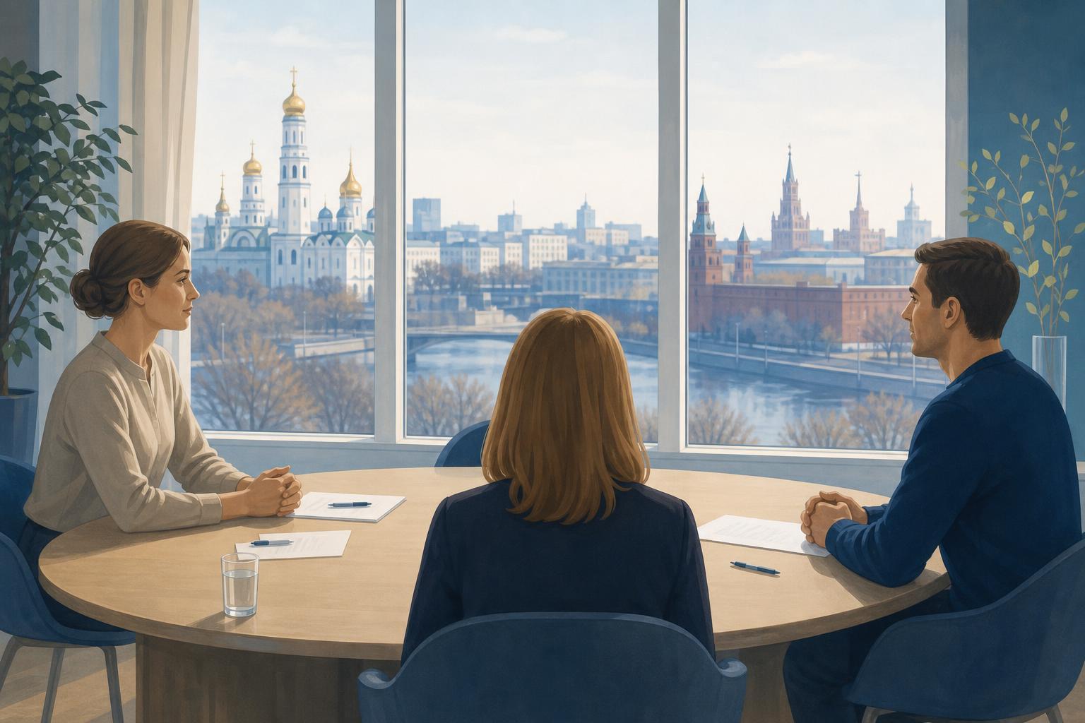 Editorial illustration of an empty meeting table representing talks about Russia’s war against Ukraine.