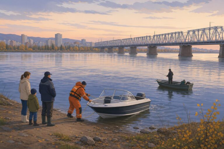 Stylized illustration of a rescuer securing a small boat near a railway bridge on the Yenisei River in Krasnoyarsk.