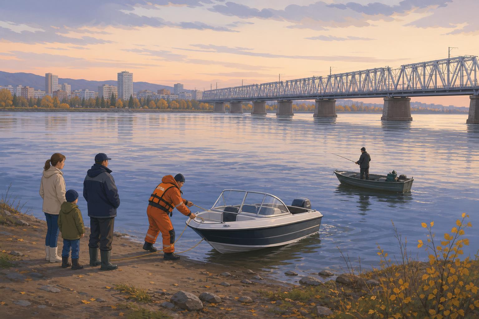 Stylized illustration of a rescuer securing a small boat near a railway bridge on the Yenisei River in Krasnoyarsk.