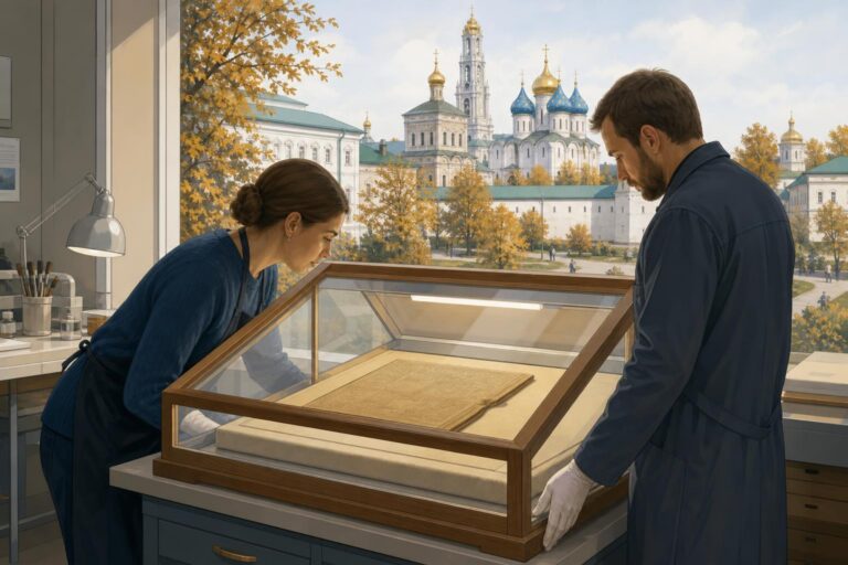 Editorial illustration of conservators examining a protective display case near the Trinity Lavra of St. Sergius in Sergiev Posad.