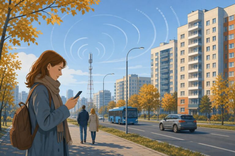 An editorial illustration of a person using a smartphone in a Russian city with a telecommunications tower in the background.