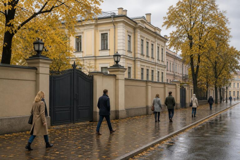 An editorial illustration of pedestrians passing a generic consular-style building on an autumn street in Saint Petersburg.