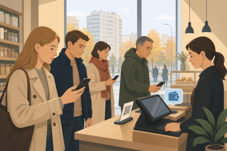 A flat editorial illustration of shoppers using a smartphone to make a digital payment at a checkout counter.