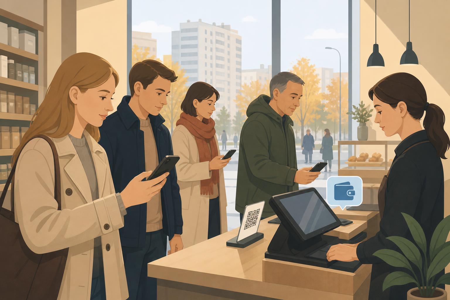 A flat editorial illustration of shoppers using a smartphone to make a digital payment at a checkout counter.
