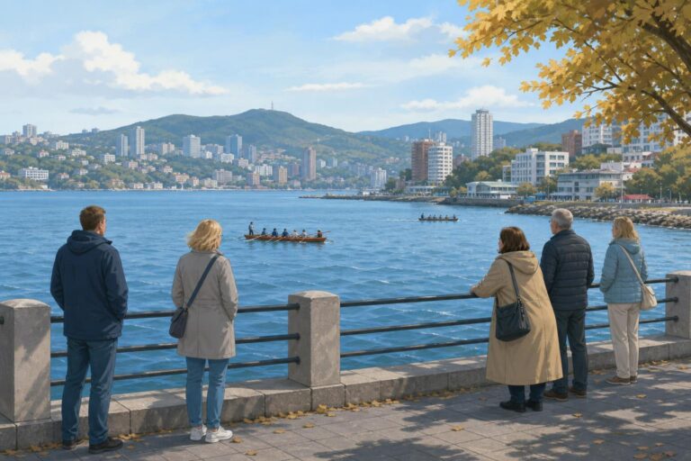 Stylized illustration of local spectators watching small rowing boats on a bay in Vladivostok.