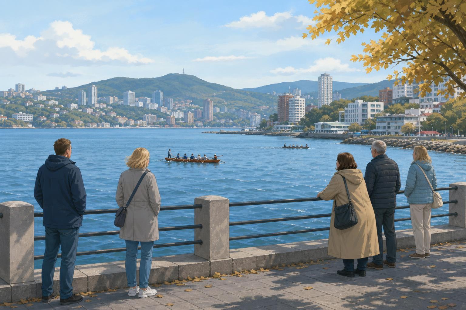 Stylized illustration of local spectators watching small rowing boats on a bay in Vladivostok.