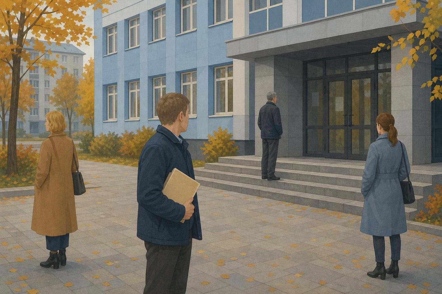 Editorial illustration of people outside a generic public administration building in Russia