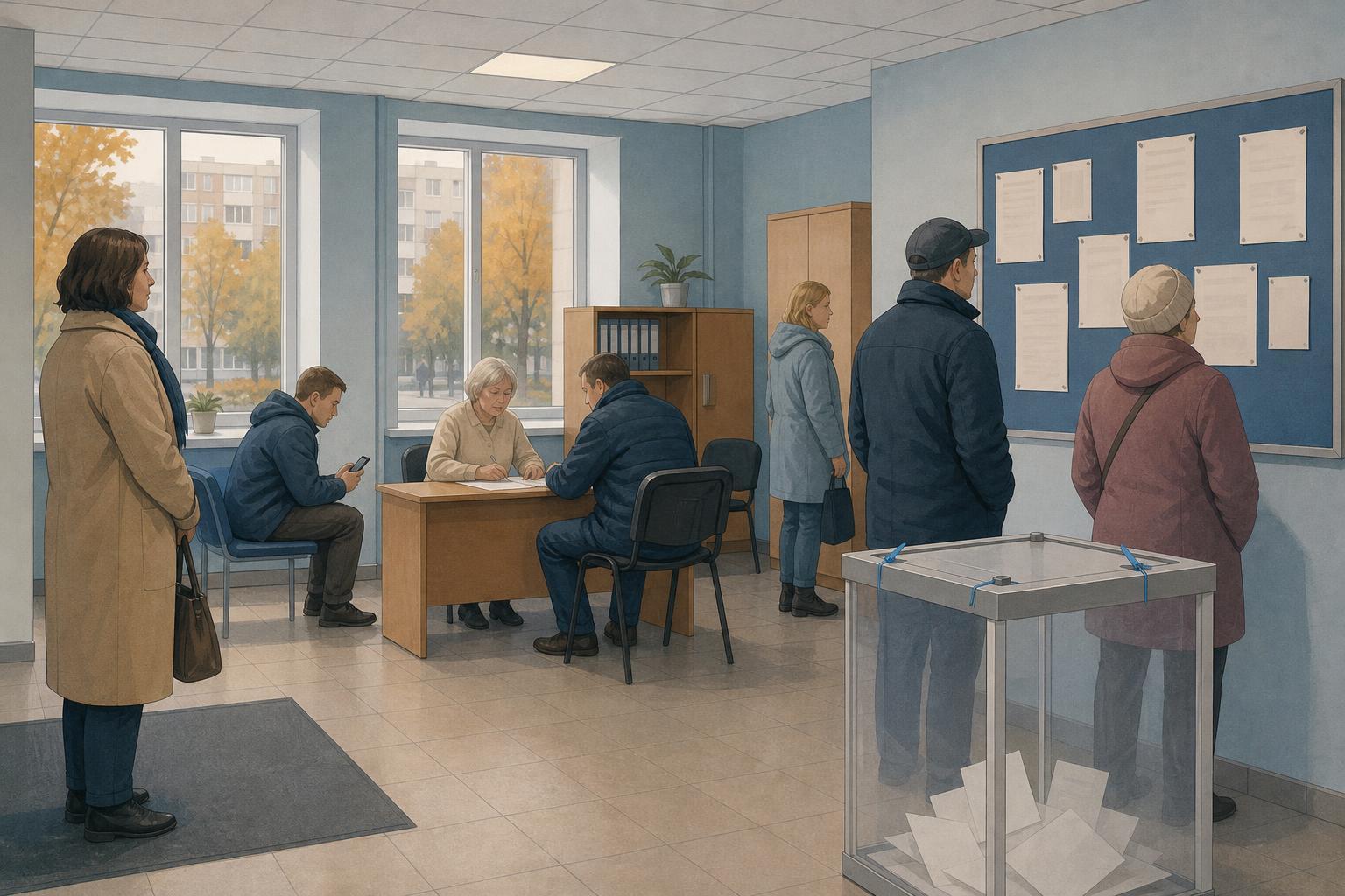 Editorial illustration of a neutral election commission office with ballot papers and a ballot box