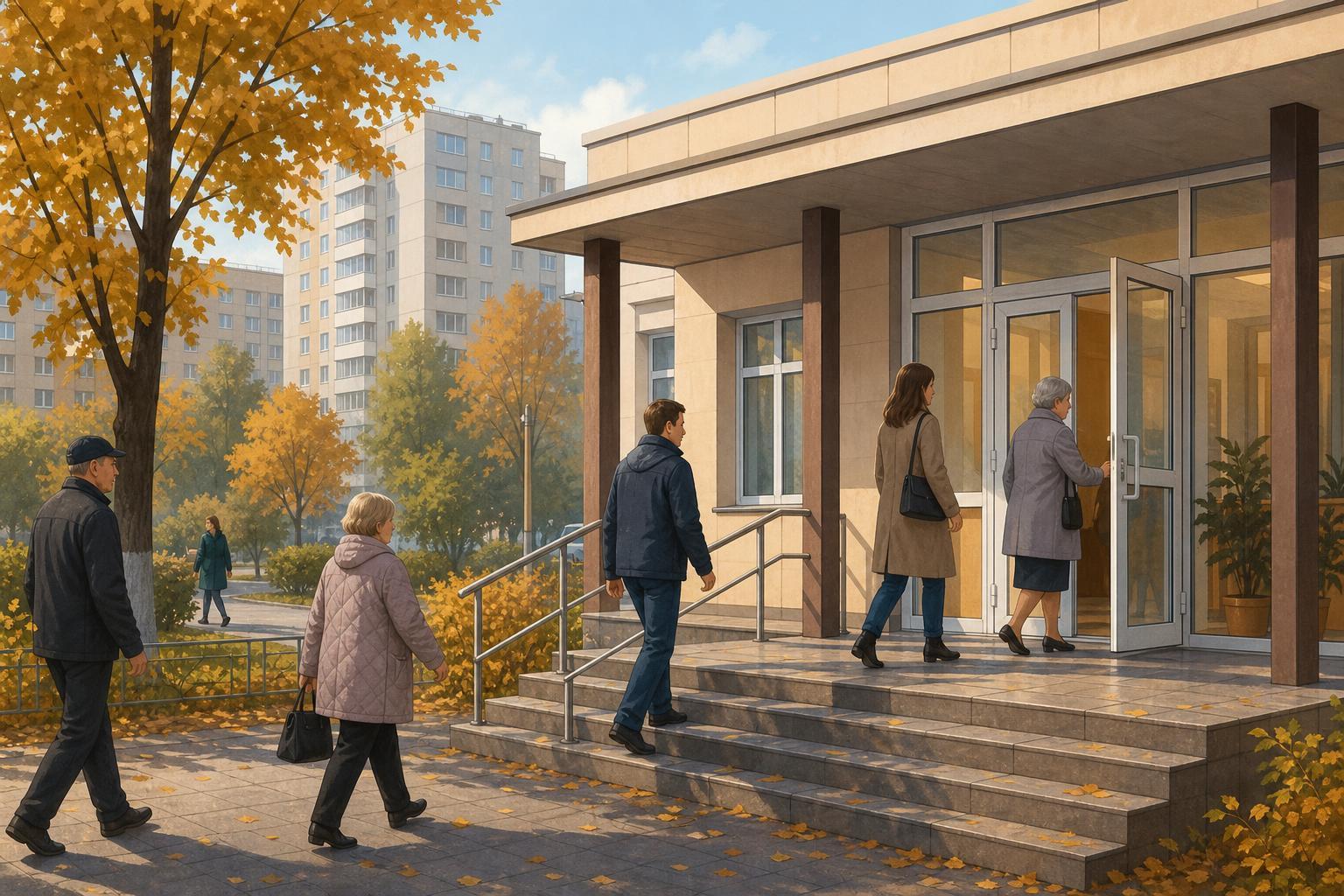 Illustration of people arriving at a polling-place entrance in Russia in early autumn.