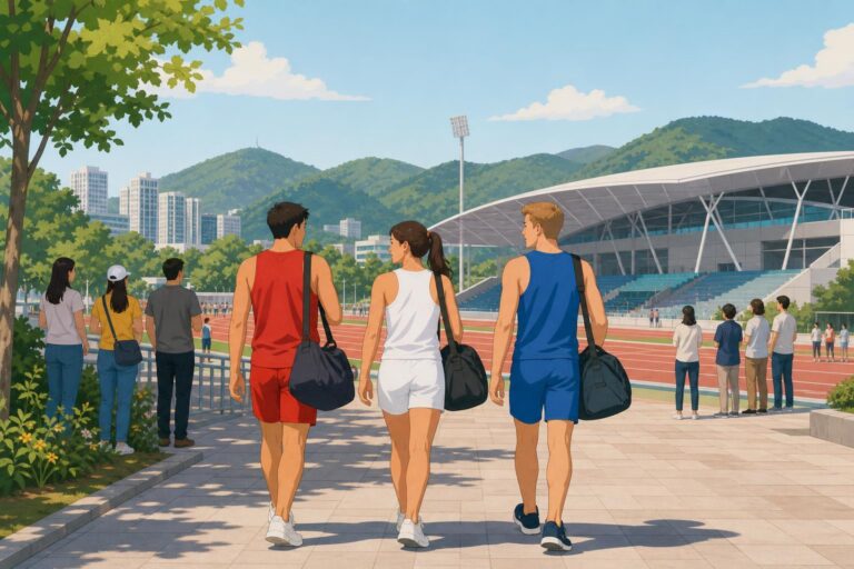 Illustration of three modern pentathlon athletes beside a running track in Guiyang, China