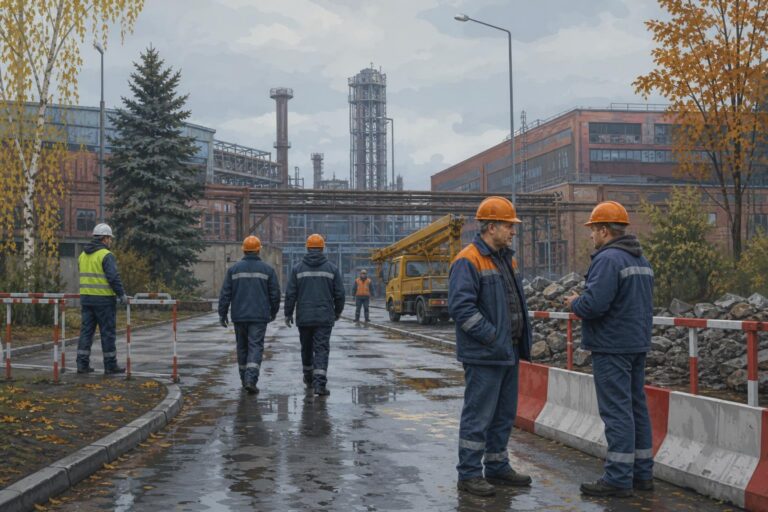 Non-photorealistic editorial illustration of repair workers outside a steel plant in Kamianske after an emergency.