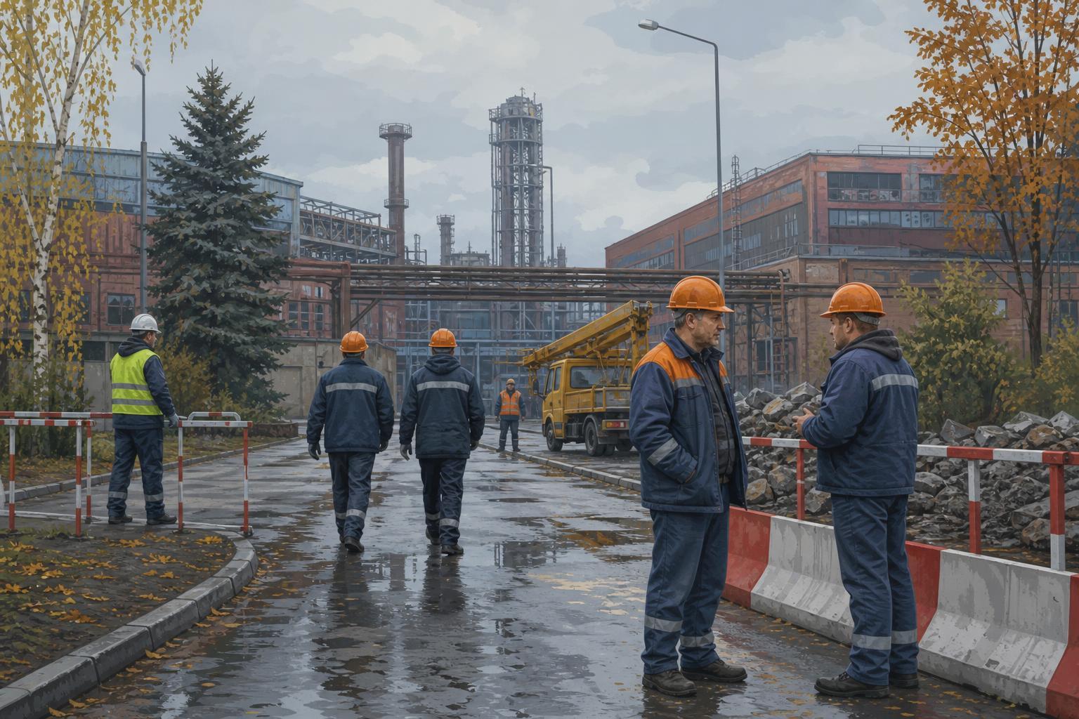 Non-photorealistic editorial illustration of repair workers outside a steel plant in Kamianske after an emergency.