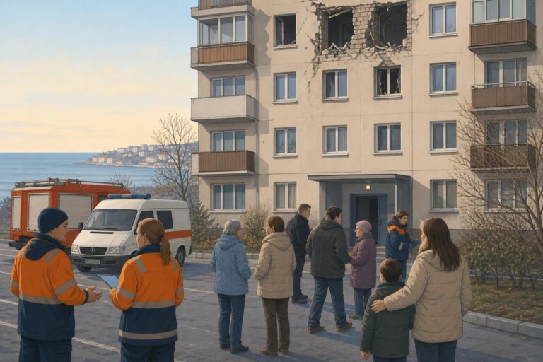 Editorial illustration of emergency workers near a damaged apartment building in Odesa after a Russian attack.