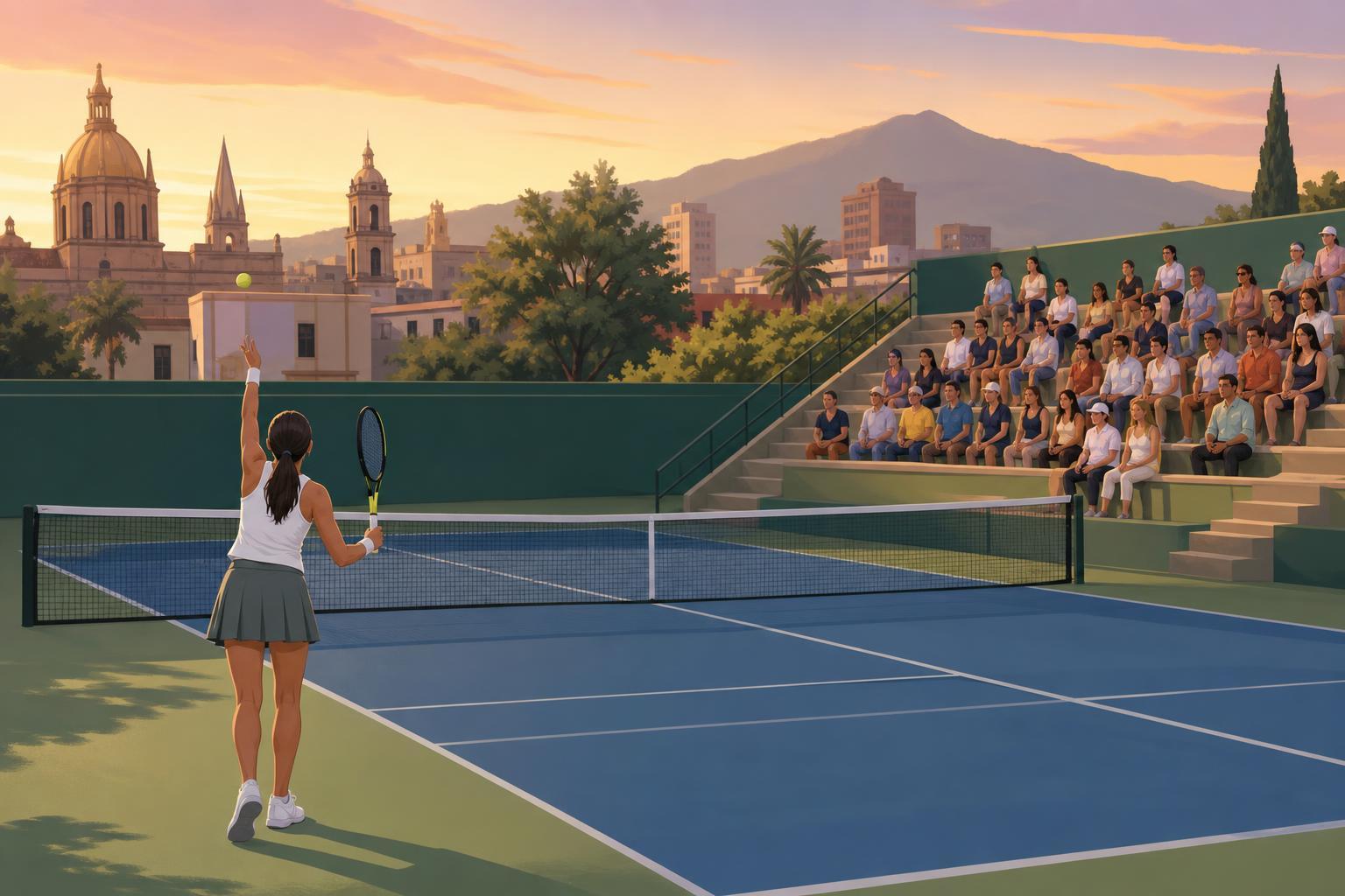 Editorial illustration of a tennis player serving on an outdoor hard court in Guadalajara.