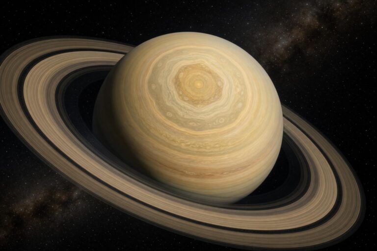 Editorial illustration of Saturn with a subtle ten-sided cloud pattern near its south pole.