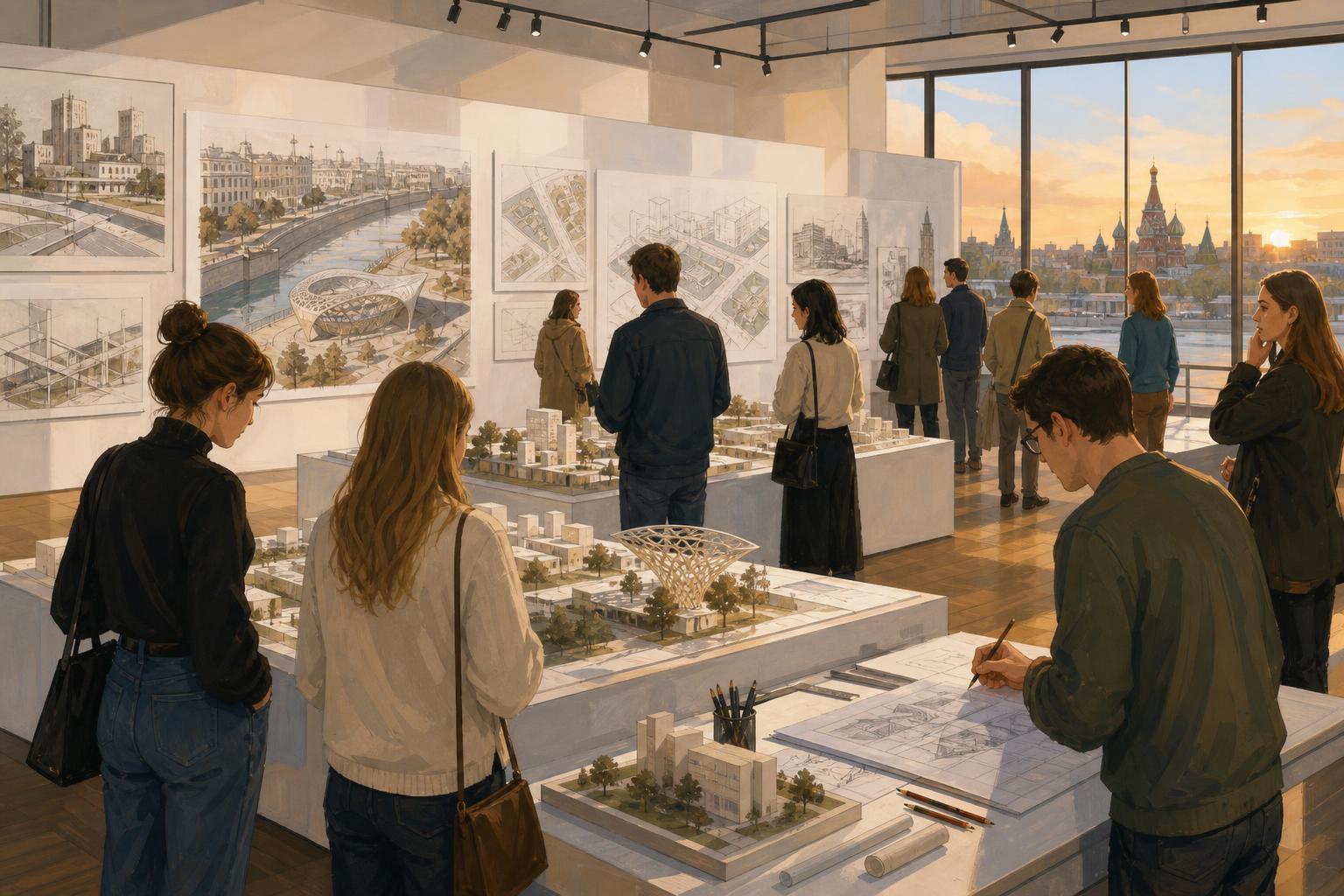 An illustrated architecture exhibition in Athens with models and drawings of urban spaces.