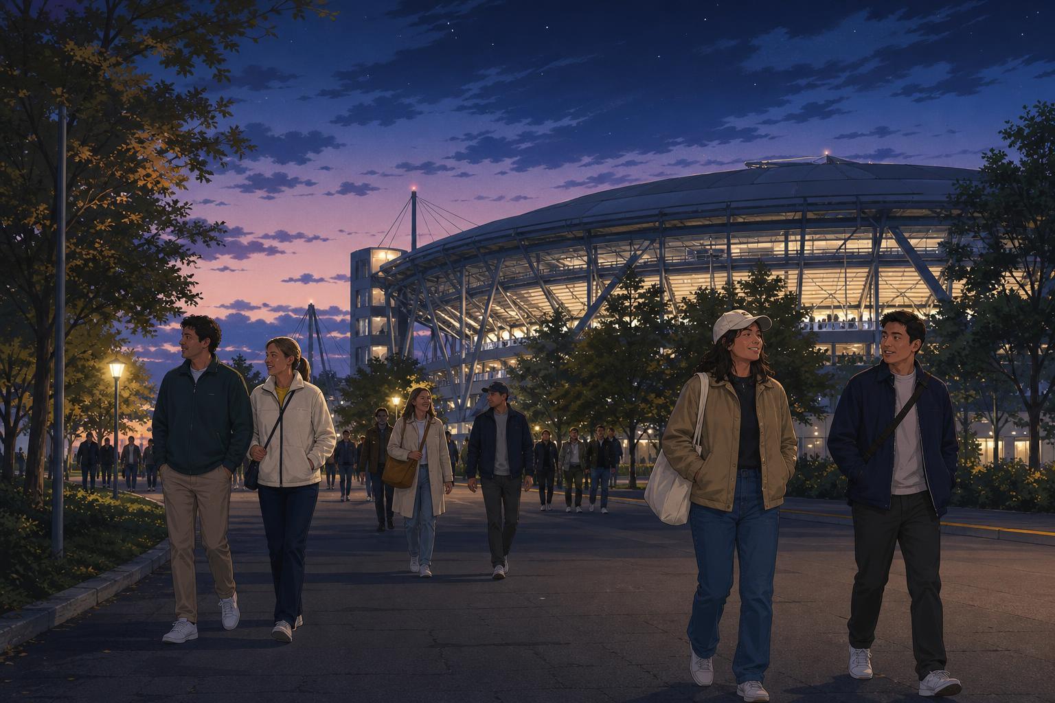 Editorial illustration of spectators leaving a tennis stadium in Queens after a late-night match