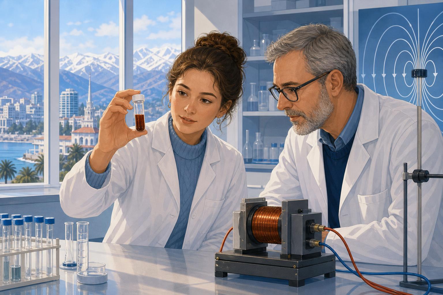 Two laboratory researchers examine a vial of magnetic liquid beside an electromagnet.